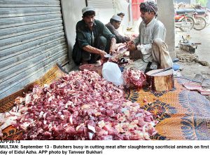 APP39-13 MULTAN: September 13 - Butchers busy in cutting meat after slaughtering sacrificial animals on first day of Eidul Azha. APP photo by Tanveer Bukhari